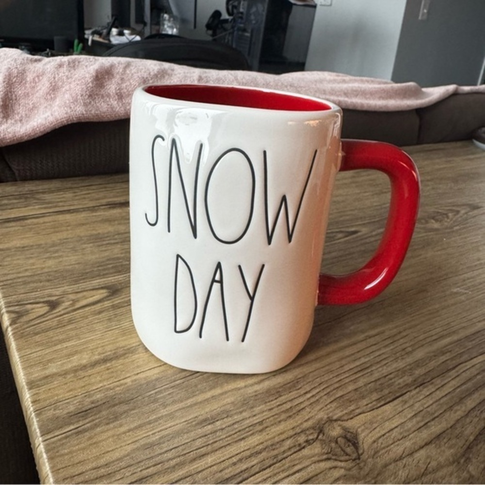 Rae Dunn SNOW DAY Mug Red Interior Red Handle winter Hat Graphic Double Sided